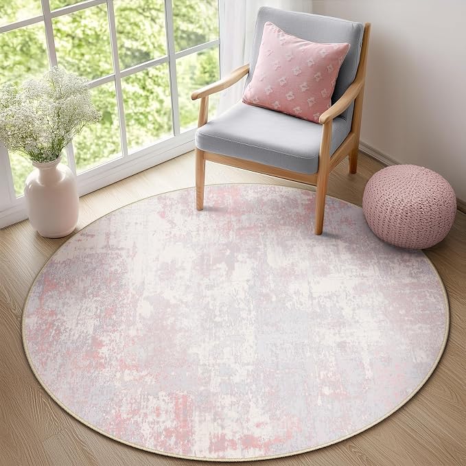 RELEANY Washable Round 6ft Area Rug for Living Room Gray Pink | carpet for bedroom, kitchen, office, hallway and entryway, printed pattern, non-slip, soft, stain-resistant, easy to clean