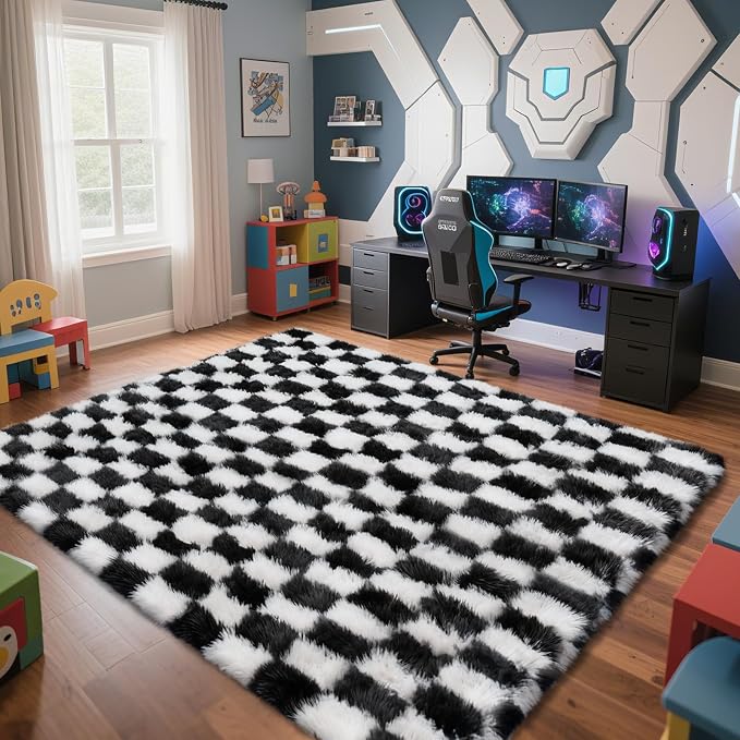 Checkered Rug for Living Room, 8x10 Black and White Area Rugs, Classic Checkered Carpets Shag Area Rug, Bedside Rugs for Living Room Bedroom Room Home Decor