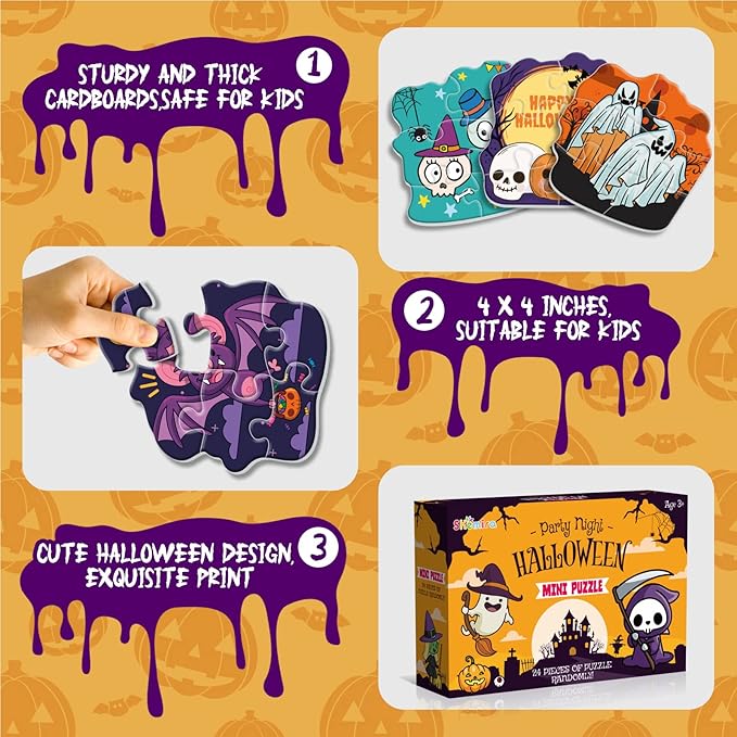 Shemira Halloween Party Favor - 24 Pack Jigsaw Puzzles, Trick or Treating Goodie Bag Filler, Miniature Novelty Toys for Kids