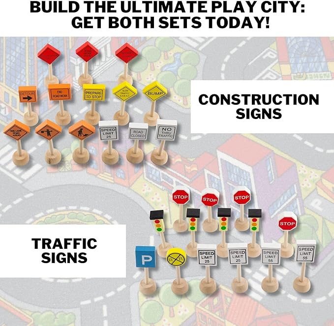 Kids Wooden Street Signs Playset (14-Piece Set), Wood Traffic Signs Perfect for Car & Train Set