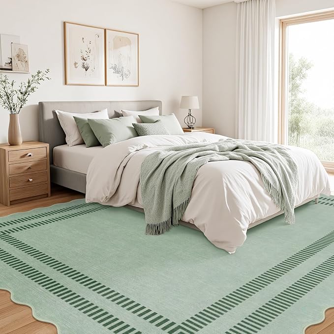 Washable 8x10 Rugs for Living Room Bedroom, Non-Slip Sage Green Indoor Carpet for Dining Room Office, Ultra Thin Scalloped Soft Carpets for Kids Nursery Playroom