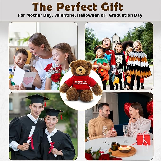 Customized Chocolate Brandon Bear - 12 inch Personalized Stuffed Bear Plush Toy - Perfect Custom Shirt Bear Gift for Graduation Valentines Graduation Easter Holidays (Red Shirt)