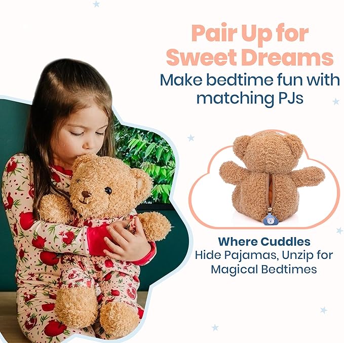 Zip N' Bear Soft Plush Teddy Bear Stuffed Animal with Pomegranate Pajamas - Zippy The Bear Cute Cuddly Plush Toy, Perfect Sensory Teddy for Kids, Toddlers - Adorable Gift & Bedtime Companion
