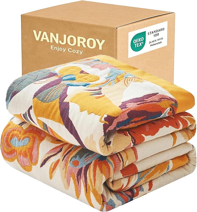 VANJOROY Boho Throw Blanket, 100% Organic Cotton 50x60 for Couch Bed, Beige | Cozy Ultra soft, Breathable, Skin-friendly Lightweight, Rustic Boho Decor,Embroidery Design,All Season Beige Quilt Throw