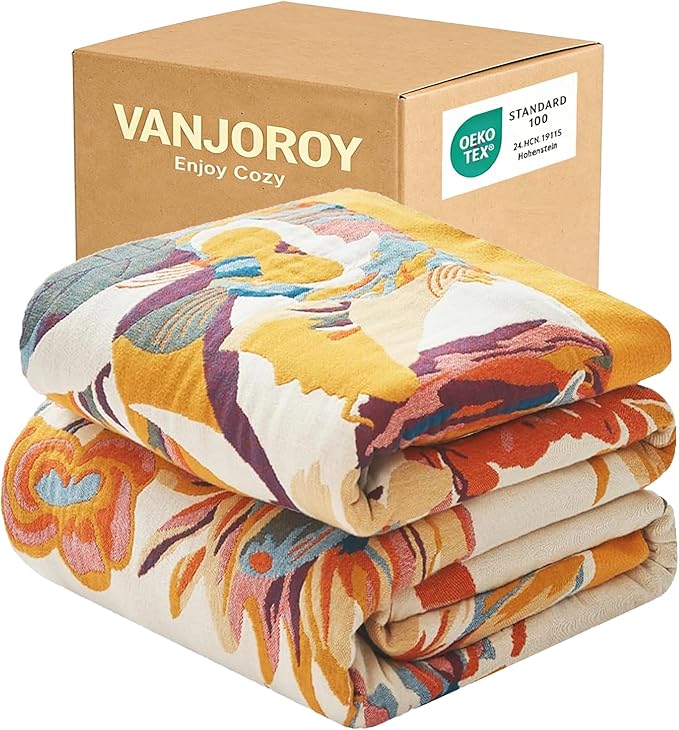 VANJOROY Boho Throw Blanket 100% Organic Cotton 60x80 for Bed Couch, Floral | Cozy Ultra soft, Breathable, Skin-friendly Lightweight,Butterfly Farmhouse Design,Summer Beige Quilt Chair Throw for Gifts