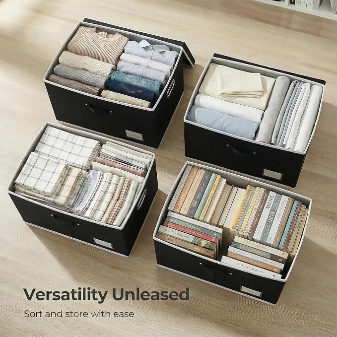 Storage Boxes with Lids [3-Pack] Fabric Collapsible Storage Bins Organizer Containers Baskets Cube with Cover for Home Bedroom Closet Office Nursery Black（23.4X15.9X11.5
