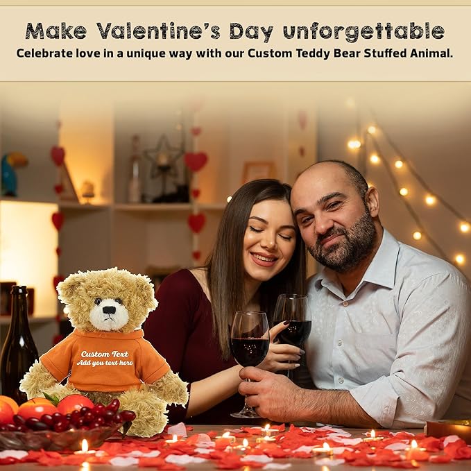 Customized Beige Brandon Bear - 12 inch Personalized Stuffed Bear Plush Toy - Perfect Custom Shirt Bear Gift for Graduation Valentines Graduation Easter Holidays (Orange Shirt)