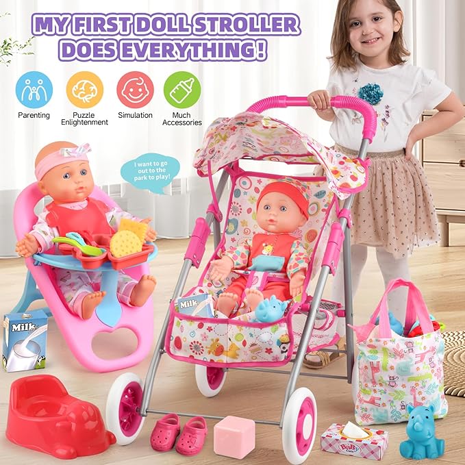 Baby Doll Stroller Set Toys for Girls Toddlers 3-5 4-6 Gifts,Baby Doll Set with 12.5 inch Doll,1 Baby Dining Chair,20 PCS Baby Doll Accessories and 2 Sets Doll Clothes for Realistic Pretend Play