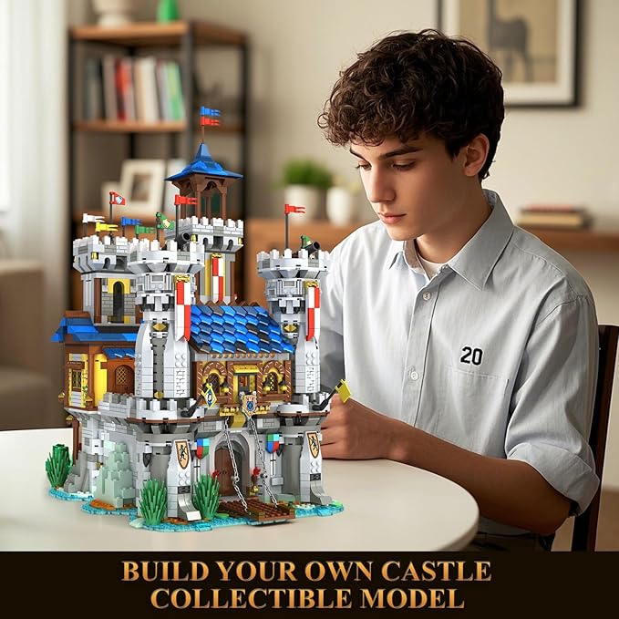 Medieval Castle Building Sets for Adults, Medieval Architecture Set with Light, Collectible Model or Home Office Decor, Street View House Building Kits 66006