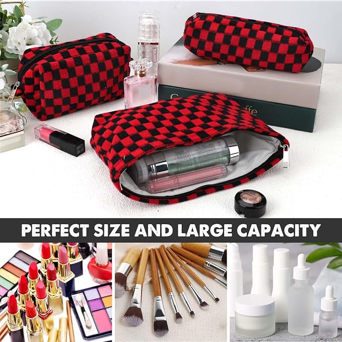 3 Pcs Makeup Bag Cosmetic Bag Set for Girls Women Checkered Travel Organizer Bathroom Toiletry Pouch Large Capacity Storage Bag(Red-Black)