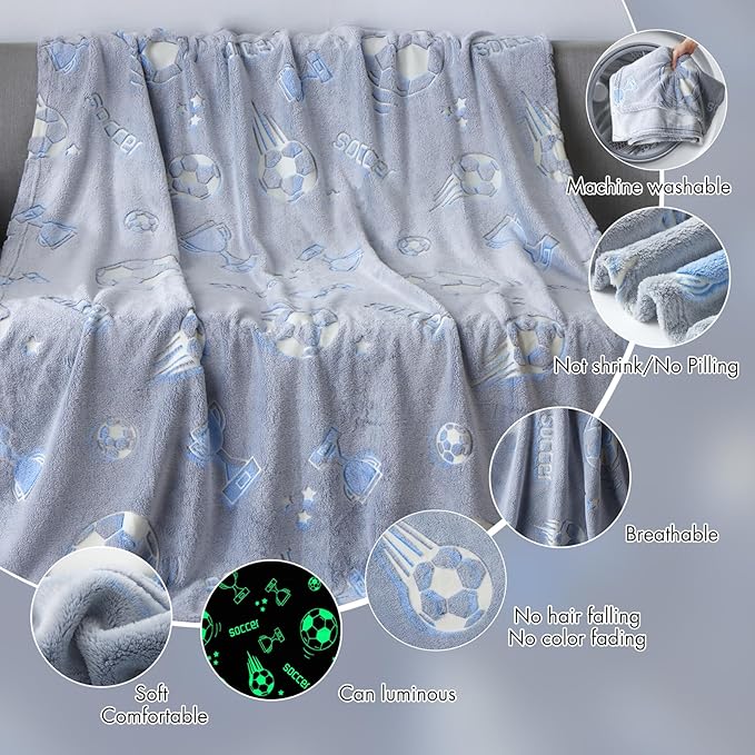 Glow in The Dark Soccer Blanket Gifts for Boys, Soft Blanket 3 4 5 6 7 8 9 10 Year Old Kids Gifts, Toddler Boys Toys Age 6-8,Gifts for Boys for Valentine's Day Birthday Gifts Presents,50"x60"