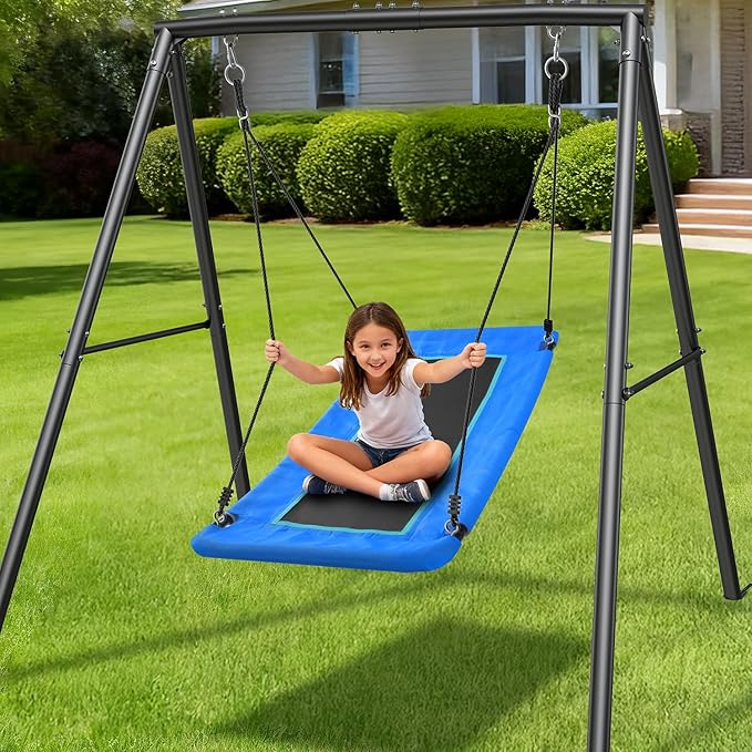 Trekassy 60" Large Platform Saucer Swing with Frame for Kids Outdoor, 440lbs Swing Set with Heavy Duty Metal Swing Stand for Backyard, Outdoor Kids Play Equipment (Black Frame + Blue Swing)（Patented）