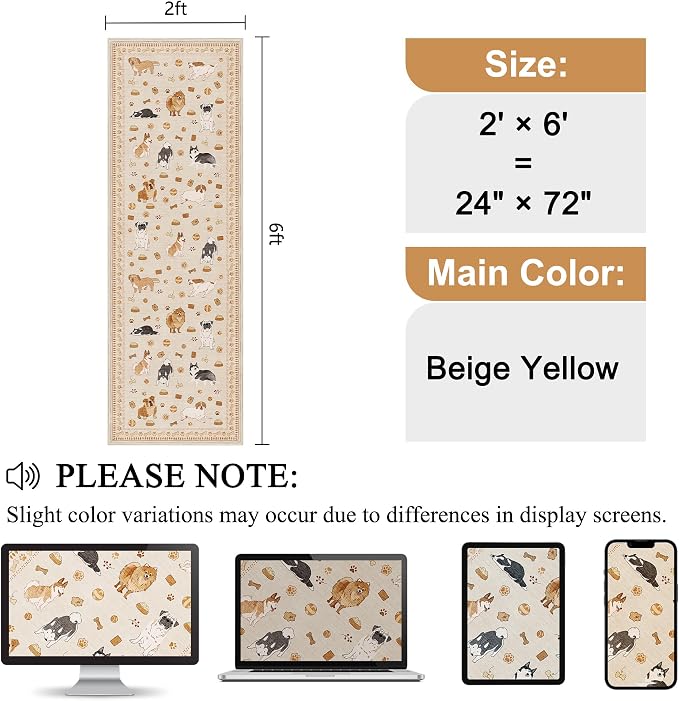 DUKINO 2x6 Kitchen Runner Rug, Washable Soft Non Slip Dog Rug, Beige Yellow | Stain Resistant, Low Pile Non-Shedding Animal Carpet Runner for Hallway Laundry Entryway Bathroom Bedroom, Kid & Pet Friendly