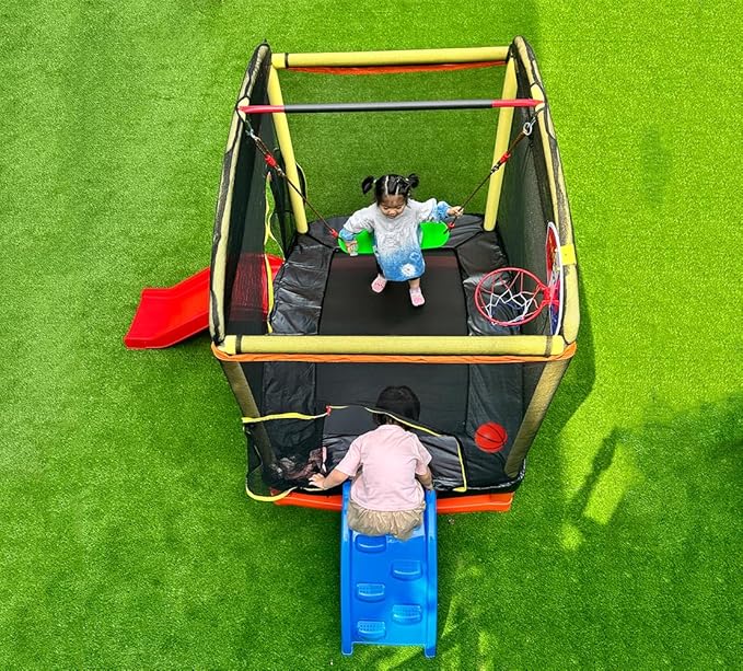 6.5ft Climb Slide Swing 7-in-1 Mini Rectangular Trampoline for Kids | Birthday Gift for Girls and Boys, Indoor Outdoor Toddler's Trampoline with Safety Net Enclosure, Padding, Zipper