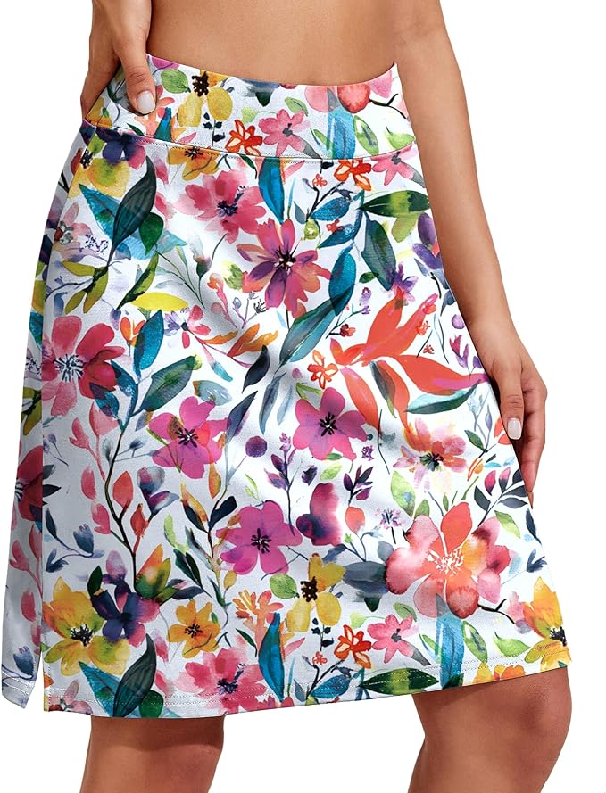 COOrun Women's 20" Knee Length Skirts High Waisted Golf Skorts with Pockets | Soft, Quick Dry, Split Hem, Built-in Shorts, A-line, Modest Skirts, for Golf Athletic Tennis Work Casual