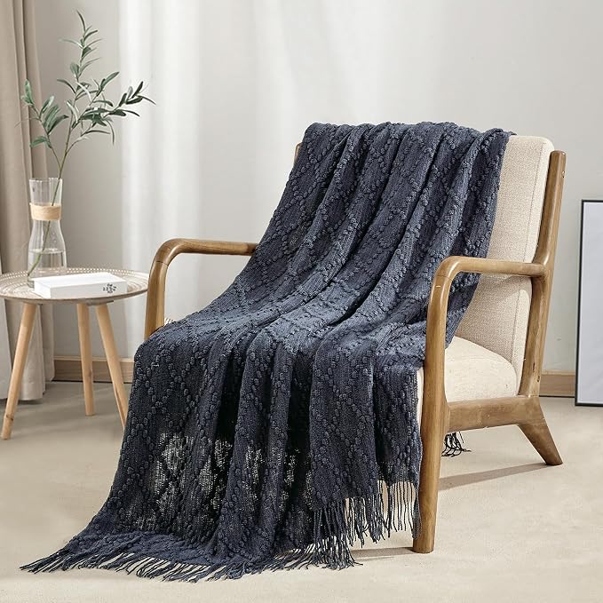 BOURINA Navy Throw Blanket 50 x70 Inch Jacquard Throw Knitted Blanket | Jacquard Argyle Throw Textured Solid Soft Throws and Blankets for Sofa or Bed Knitted Decorative Blanket