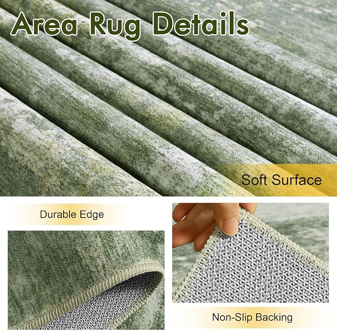 2x6 Ft Washable Runner Rug, Non-Slip Low Pile Hallway Kitchen Area Rug, Soft Long Entryway Floor Mat Abstract Pattern Carpet for Bedside & High-Traffic Areas (Green/White)