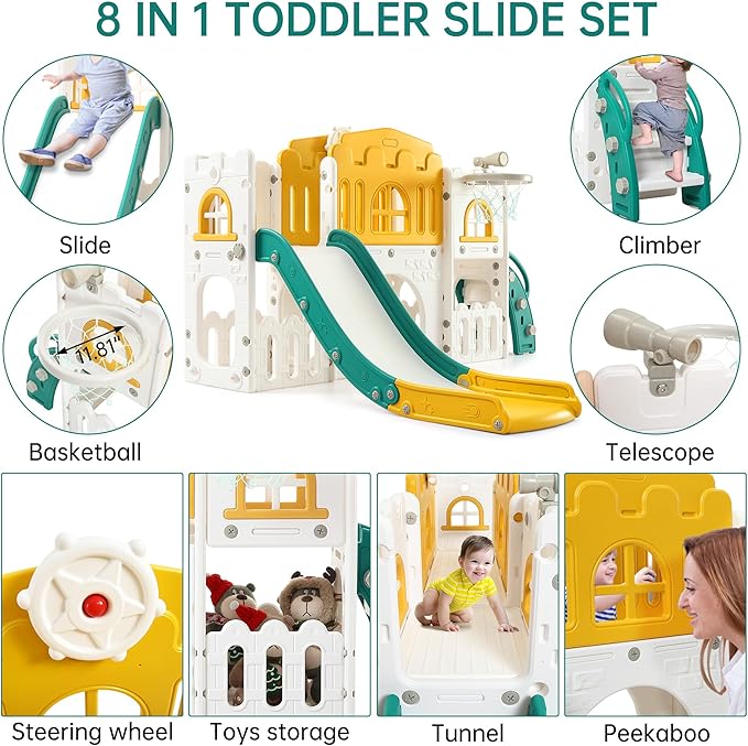 Toddler Slide 8 in 1 Toddler Playset for Toddlers Age 1-3, Baby Playset for Indoor Outdoor Playground with Climber, Crawling Tunnel, Basketball Hoop, Telescope, Toy Storage