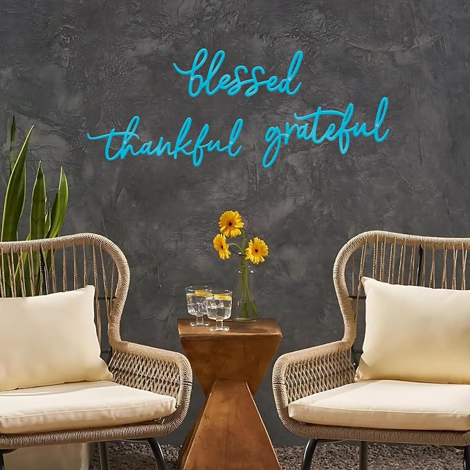 Thankful Grateful Blessed Letter Sign Metal Wall Decor, 3 Piece Black Letters Wall Art for Bathroom Bedroom Metal Words Wall Decor for Home Decor (Blue)