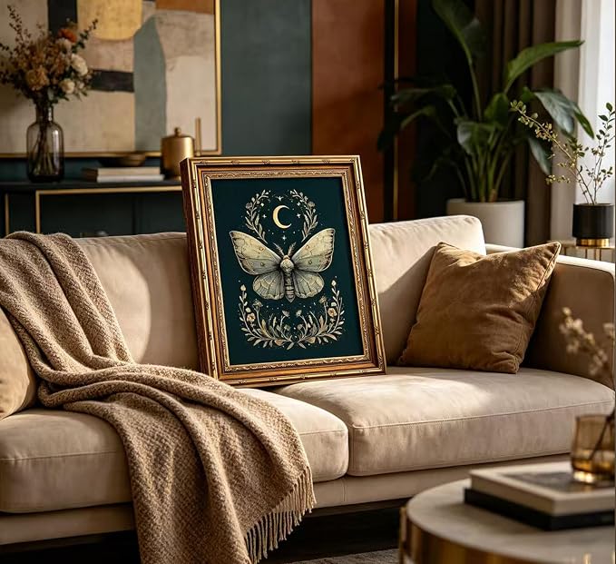 Vintage Gold Framed Celestial Moth Crescent Moon Wall Art Gothic Moody Ethereal Butterfly Picture Wall Decor Dark Botanical Insect Picture Canvas Print Mystical Witchy Poster Artwork for Living Room