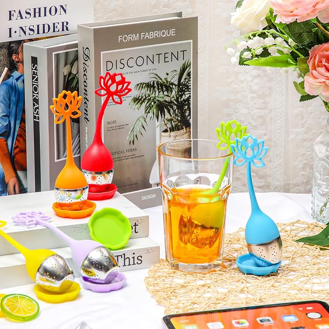 Set of 6 Silicone Tea Infuser Filter Loose Leaf Steeper Flower Tea Strainer Spoon Stainless Steel Loose Leaf Ball Handle Silicone Mesh Cup Filter Strainer(Lotus)