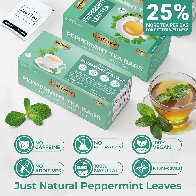 LeafLea Peppermint Tea Bags, Pure Single-Ingredient Mint Tea, 40 Count | Just Real Peppermint Leaves, Cool Refreshing Taste, Te De Menta, Caffeine-Free, Vegan, Individually Foil-Wrapped