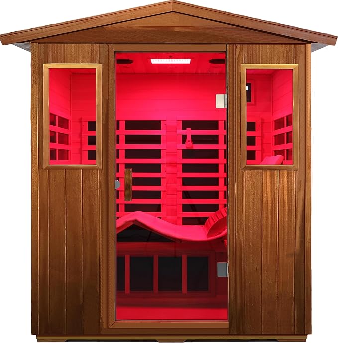 Full Spectrum Ultra-Low EMF Outdoor Sauna 4-Person, Mahogany Far Infrared Saunas for Home, Near&Mid-IR Light, EMF 0.1-4mG, Bluetooth & Chromotherapy