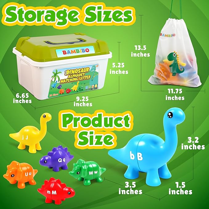 Dinosaur Alphabet Learning Toys - 52pc in Storage Box | 26 Double Sided Dino Matching Toys | Preschool Dinosaur Letter Matching Toy for Toddlers 3-5