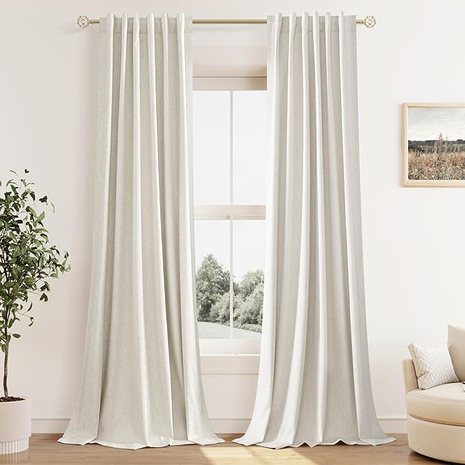 Guken 100% Blackout Linen Curtains for Bedroom 90 Inches Long Natural Cream Black Out Curtain Back Tab Thermal Insulated Room Darkening Window Drapes for Living Room 2 Panels Beige Ivory 42x90