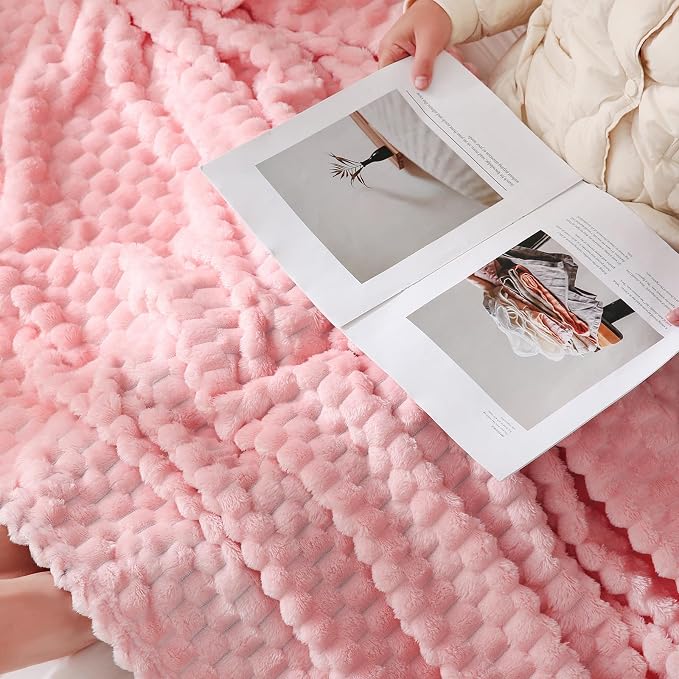 Puncuntex Light Pink Throw Blanket 90"×90" Fuzzy 3D Jacquard Decorative | Flannel Fleece Super Soft Plush Cozy Blanket for Couch Sofa Chair Lightweight