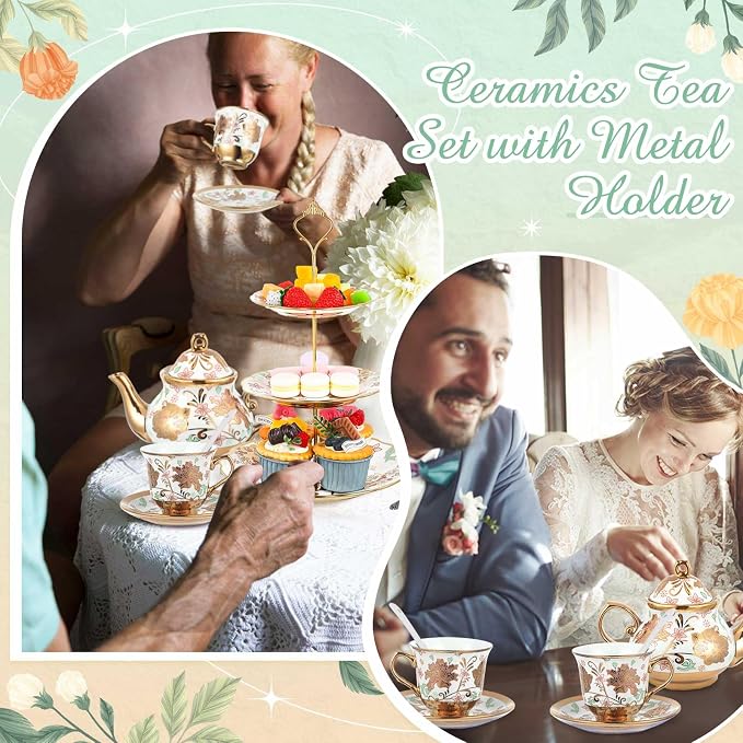 Maxcheck 21 Pcs Porcelain Tea Set for Women Tea Party with Metal Holder and 3 Tier Cake Stand Ceramic European Floral Teapot Set for Adults Mother's Day Christmas Thoughtful Gift(Classic Style)