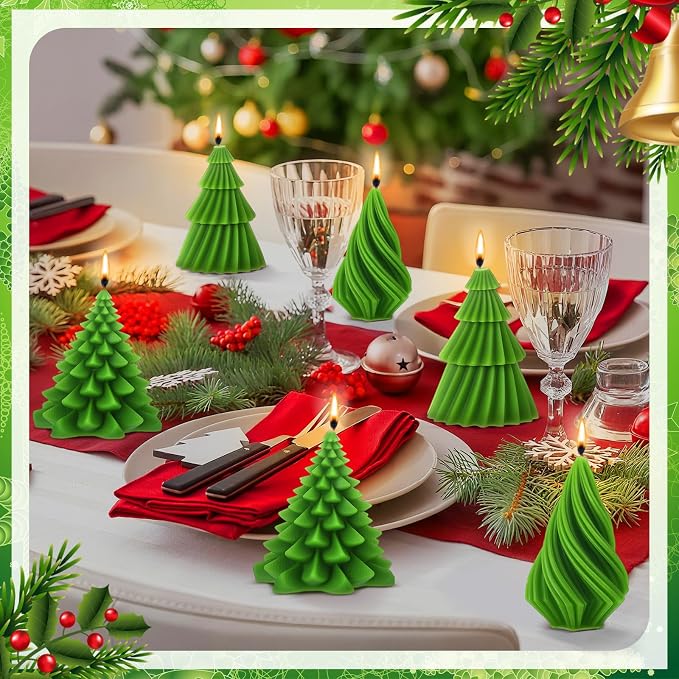 Conelist 6 Pcs Christmas Tree Candles Christmas Tree Shaped Taper Candles Decorative Xmas Wax Scented Candlesticks for Xmas Eve Winter Holiday Home Table Decoration Gift(Green,Mixed Style)