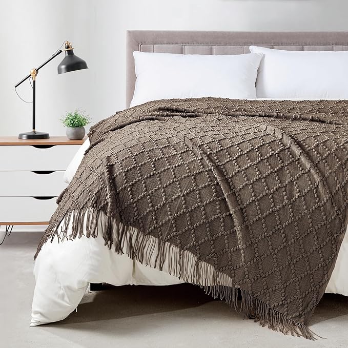 BOURINA Brown Throw Blanket 50 x70 Inch Jacquard Throw Knitted Blanket | Jacquard Argyle Throw Textured Solid Soft Throws and Blankets for Sofa or Bed Knitted Decorative Blanket