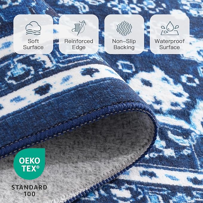 8x10 Area Rugs for Living Room, Washable Non-Slip Rug, Oriental Dark Blue | Area Rugs for Bedroom, Low Pile Large Carpets for Dining Room, Office, Indoor, Stain Resistant Vintage Oriental Print Rug
