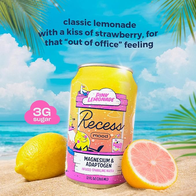 Recess Mood Magnesium & Adaptogen Drink, Relaxation Beverage, 12 ounce (Pink Lemonade, 12 pack)