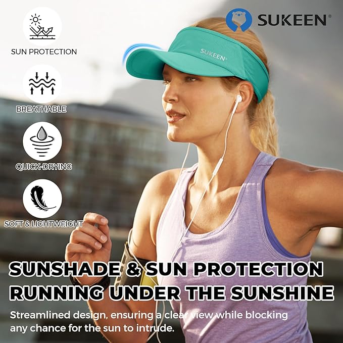 Sukeen Lightweight Sports Sun Visor Hat for Men Women | Packable, breathable, quick-dry, UPF50+ cooling visor hat, stretch fit, for running, tennis, golf, pickleball, softball