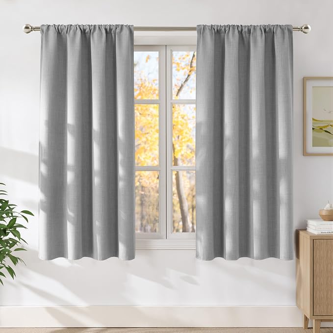 NICETOWN Light Grey Faux Linen Room Darkening Rod Pocket Curtains 63 inch Length, W42 x L63, Light Blocking Thermal Insulated Noise Reducing Drapes for Bedroom Living Room Farmhouse Decor, 2 Panels