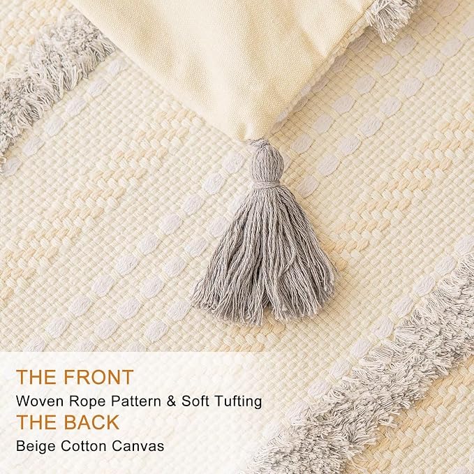 BUIOVBEY Boho Throw Pillow Covers Woven Tufted Pillow Cases with Tassels | Farmhouse Pillow Covers 20x20 Set of 2 Textured Striped Cushion Case Neutral Decorative Pillowcase for Sofa Couch Light Grey