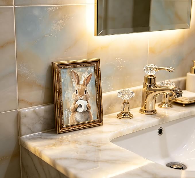 Vintage Gold Framed Bunny Easter Bathroom Wall Art Funny Rabbit and Toilet Paper Painting Canvas Prints Country Animal Picture Wall Decor Rustic Farmhouse Poster Artwork for Restroom Toilet Washroom