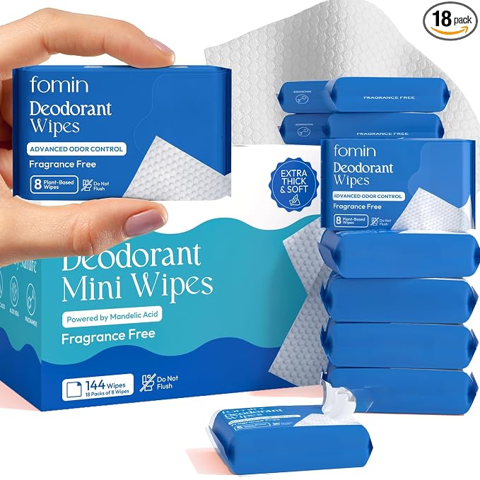FOMIN Acidified Travel Deodorant Mini Wipes For Women & Men- Fragrance Free - 144 Count - pH Balanced, Biodegradeable Mini Deodorant Travel Size Wipes - Plastic-Free, Underarm Body Wipes