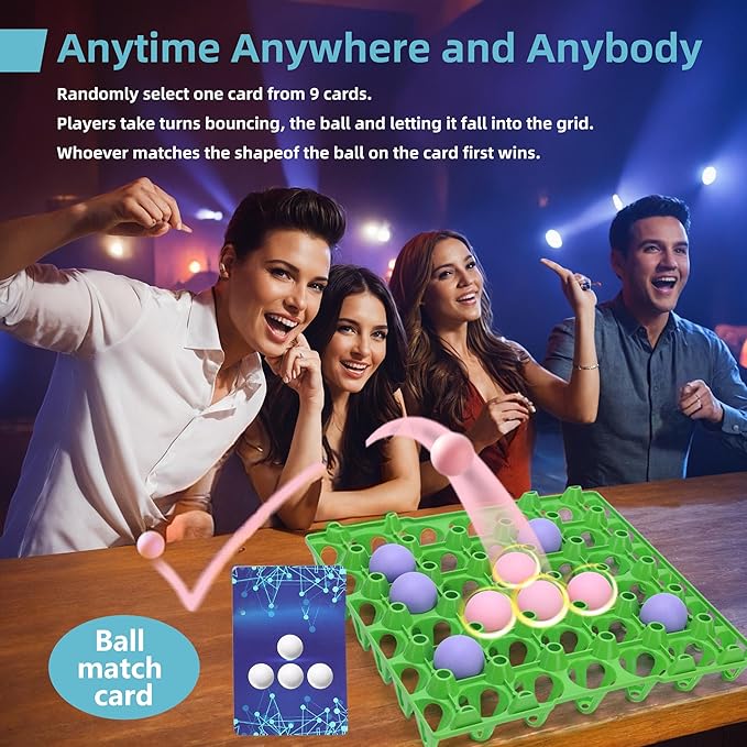 Bounce Ball Fun Party Game - 4 in a Row Games with 60 Balls & Cards - Indoor Outdoor Carnival Party Toys for Kids, Adults, Teens, Families, Game Night. 2-12 Players
