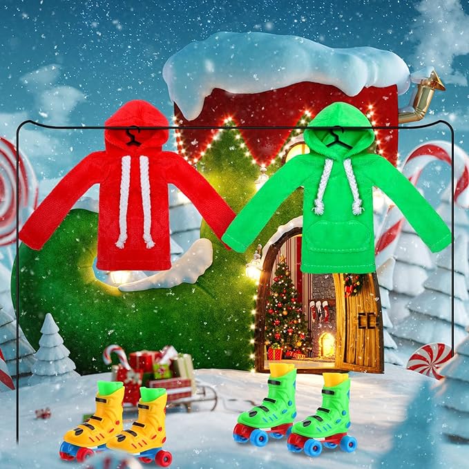 Meooeck 6 Pieces Christmas Accessories Set Including 2 Holiday Clothes Outfit, and 4 Novelty Toy Accessories for Kid(Roller Skates)