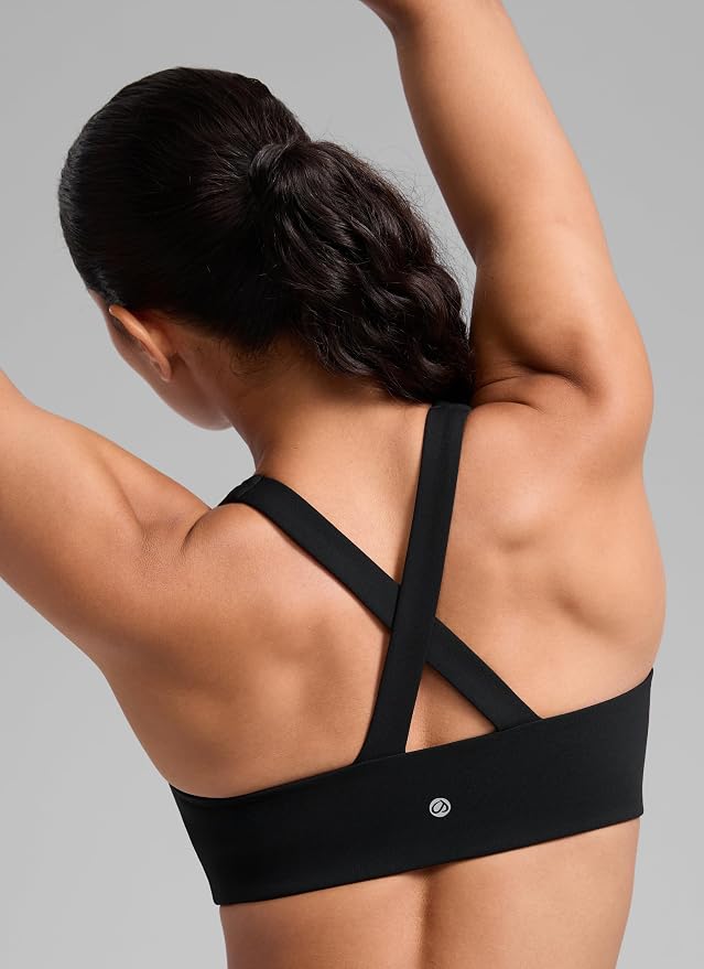 CRZ YOGA SculptAir Wide Straps Cross Back Sports Bras for Women - U Neck Medium Impact Wireless Padded Workout Top