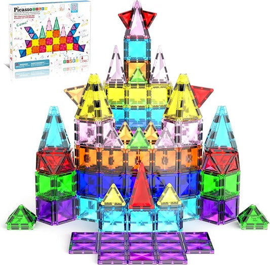 PicassoTiles Magnetic Tiles Building Blocks Mini Size Diamond Series Magnet Toys Travel Size On-The-Go Magnets Construction Sensory Toys Gifts Educational Set Toddlers STEM Learning Kit Playset PTM40