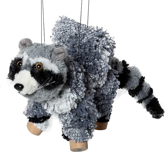 Artisan Owl Raccoon Marionette Puppet - Soft Yarn Body with Wooden Feet, Detachable Strings