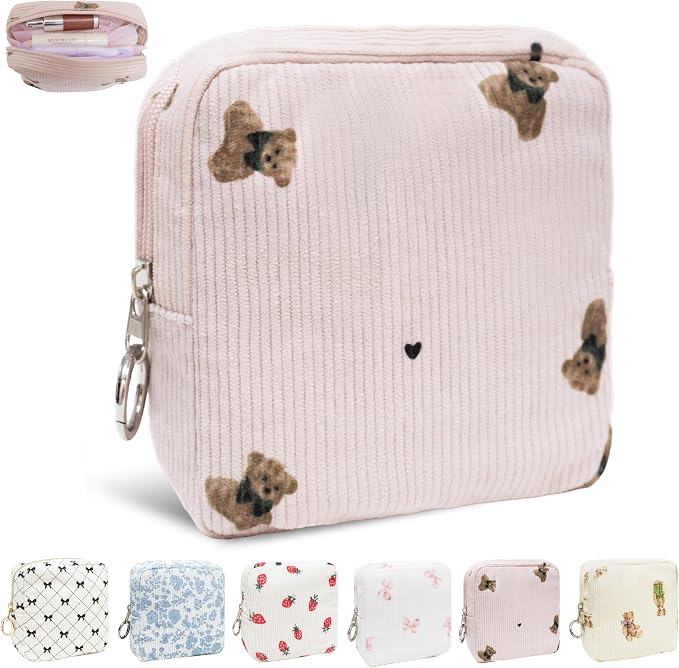 Period Bag for Girls, Corduroy Period Kit with Sanitary Pad Pouch, Menstrual Storage Bag and Tampon Holder for Purse, Girls School Essentials,Feminine Care Organizer(Pink Bear)