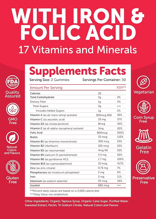 Prenatal Vitamins for Women with Iron & Folic Acid - Tastiest Proprietary Formula - Daily Pregnancy Multivitamin with Vit.A,B complex, C,D,E,Zinc - Non-GMO Prenatal Vitamin Gummies for Women, 9 Pack
