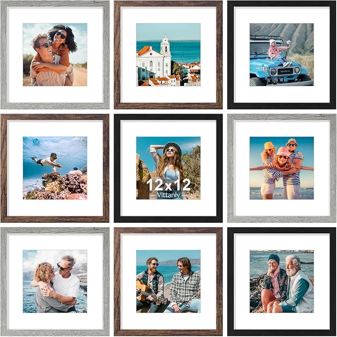 Vittanly 12x12 Picture Frames Set of 9 for Wall Mounting, Black&Brown&Grey | Display Pictures 8x8 with Mat or 12x12 without Mat for Wall Mounting, Square Photo Frames for Home Decor, Engineered Wood