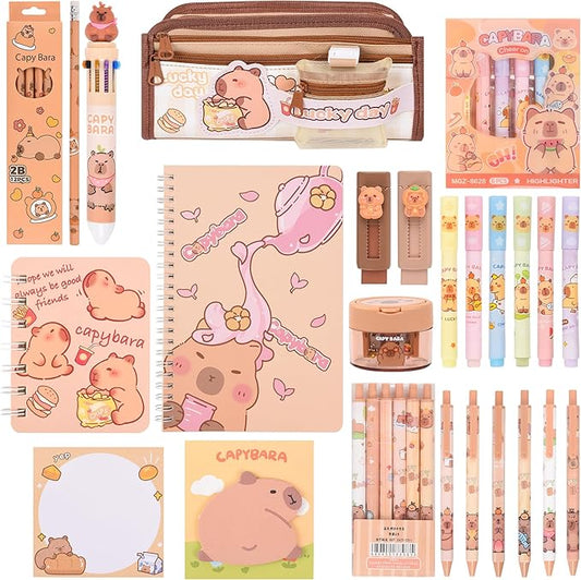 33Pcs Cute Capybara Stationery Set,Capybara Birthday Gifts for Boys Girls School Supplies,Capybara Set with Compartments Gel Pens, Pencils, Erasers, Pencil Sharpener etc, Classroom Rewards.