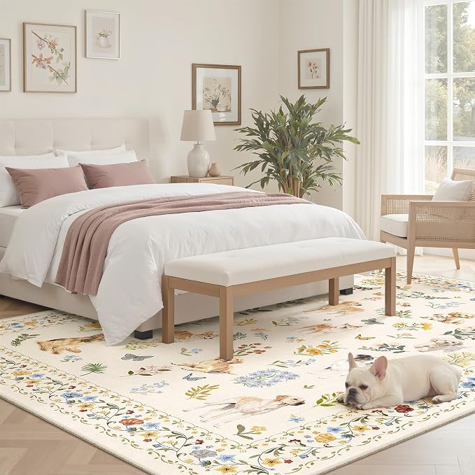 Soalmost Dog 5x7 Area Rugs for Living Room, Washable Animal Soft Rug Beige | Floral Vintage Non-Slip Low Pile Cute Throw Rugs for Kitchen Dining Room Bedroom Nursery Playroom 5' x 7'
